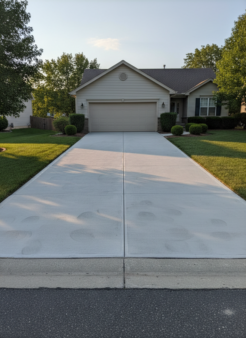 A freshly poured concrete driveway in a suburban Avon, Indiana neighborhood, stretching from a neat two-car garage to the street. The surface is smooth, light gray with subtle trowel marks and crisp, perfectly straight expansion joints. Low-maintenance landscaping with trimmed shrubs and green lawn frame the edges. Captured in soft late-afternoon natural light, gentle shadows from nearby trees add texture without obscuring details. Photographic realism, shot from a slightly elevated angle with sharp focus throughout, emphasizing clean lines, durability, and professional craftsmanship. The mood is confident and orderly, suggesting reliable, high-quality residential concrete work with fast, efficient completion.